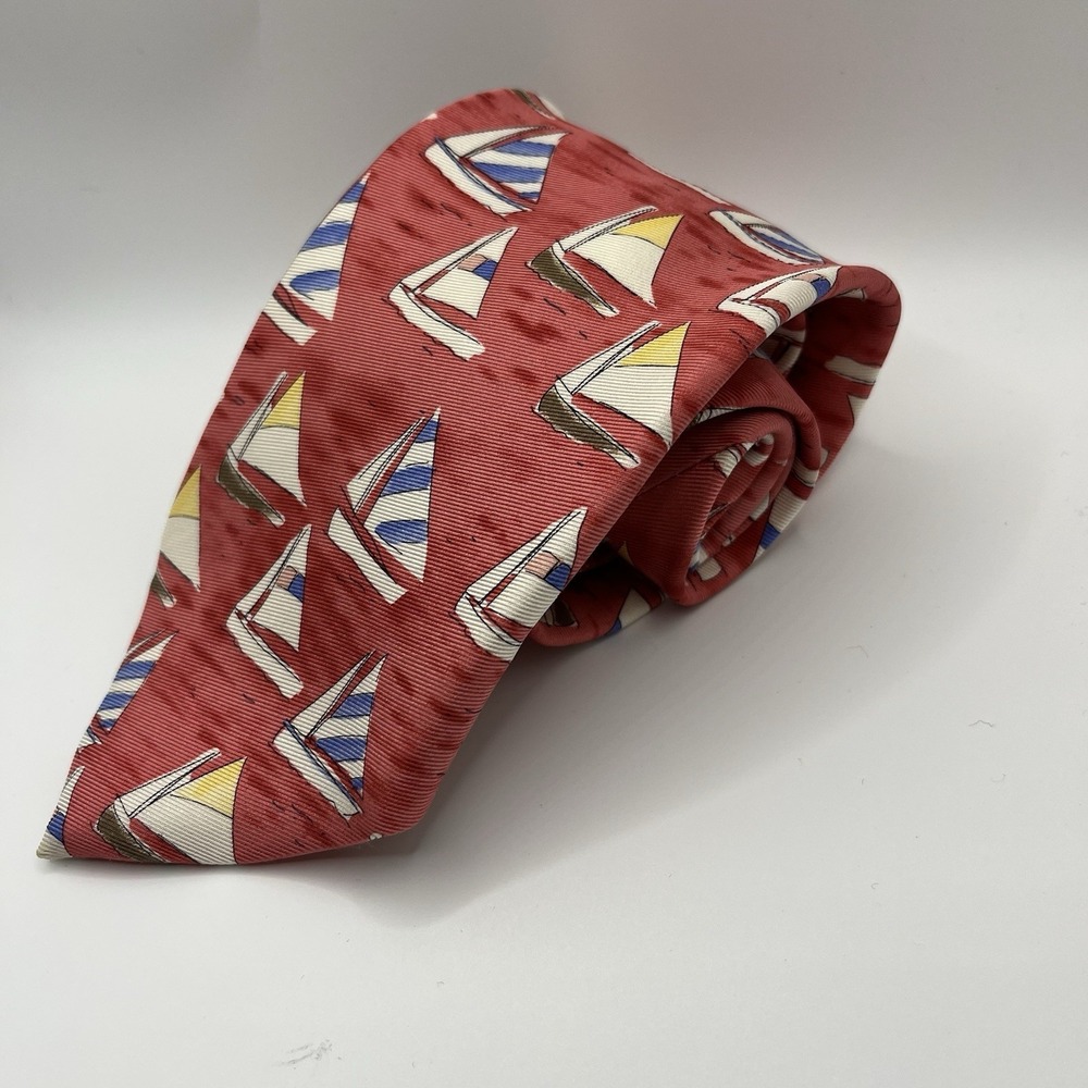 J McLaughlin Mens Tie Red Sailboat‎ Nautical Long